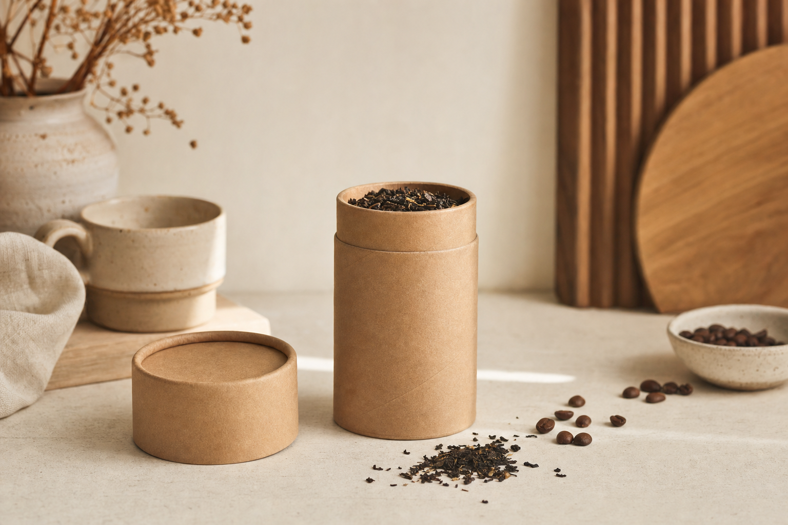 Cylinder i kraftkarton med te og låg ved siden af